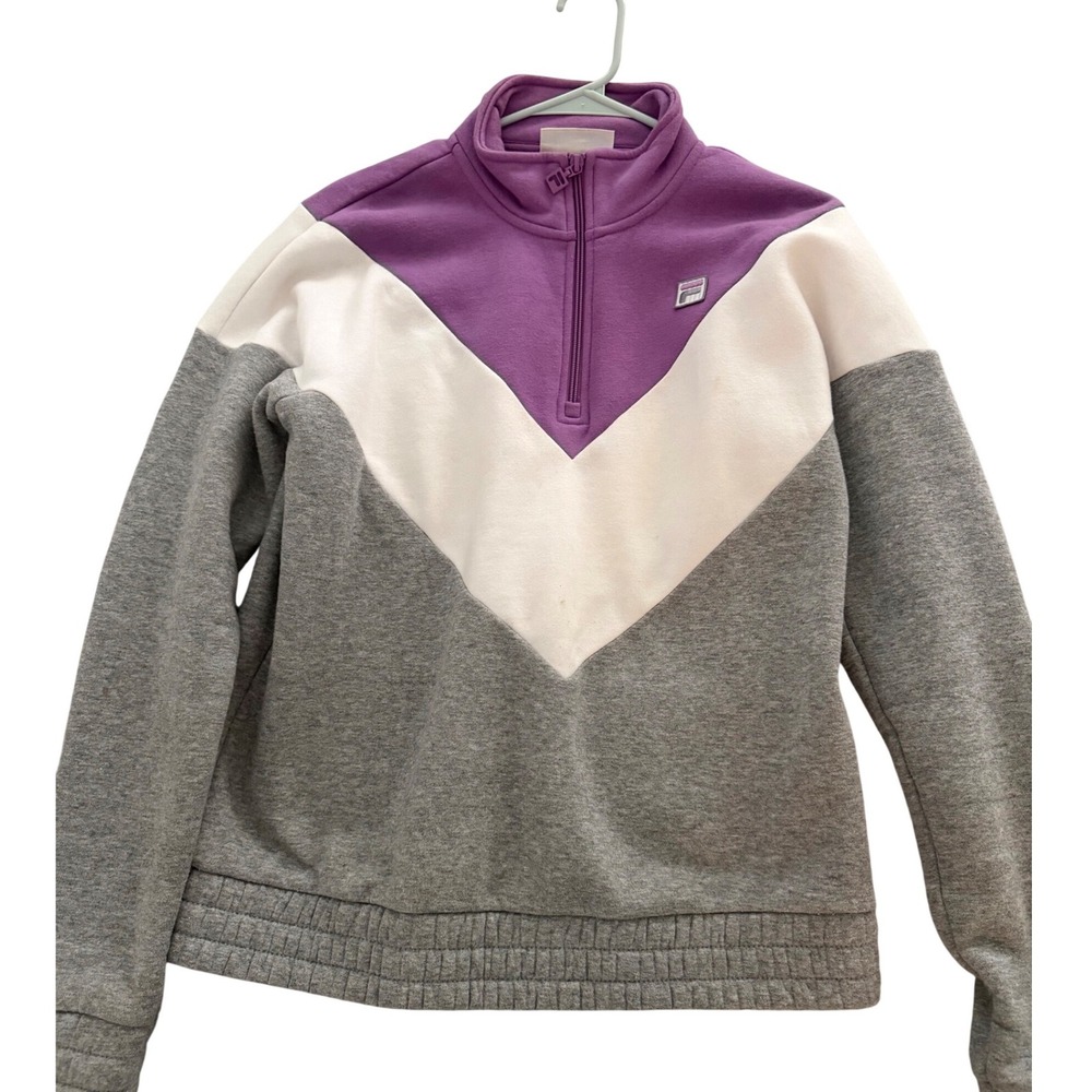 Fila Womens Quarter Zip Colorblock Chevron Fleece Pullover Sweatshirt Purple M